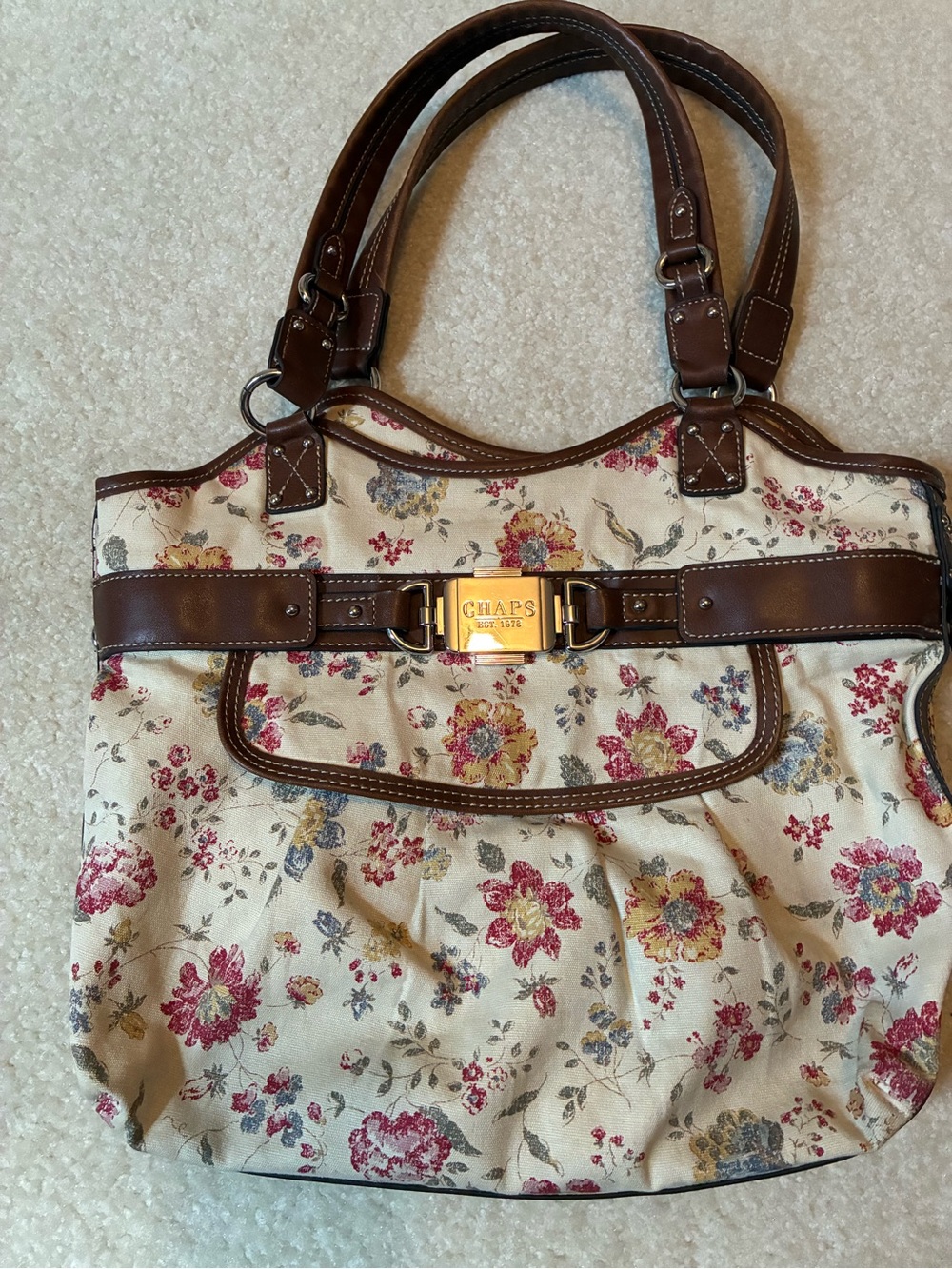 Chaps Cream Floral Canvas Tote with Brown Trim and Gold Hardware